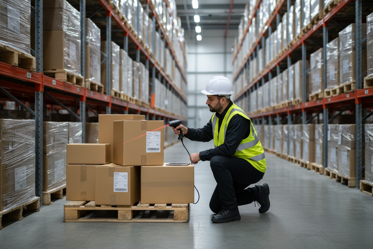 A warehouse worker wearing a yellow safety vest and hard hat is kneeling next to a pallet stacked with cardboard boxes, scanning a label with a handheld barcode scanner. Behind him, tall shelves filled with neatly organized parcels stretch into the distance, giving a clean and efficient logistics and fulfillment vibe.